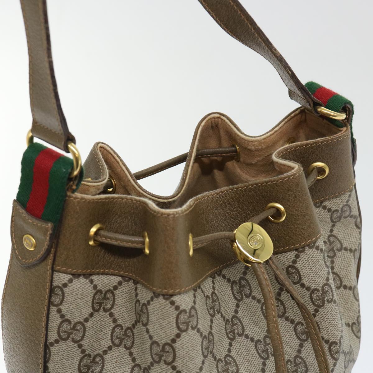 GUCCI GG Canvas Web Sherry Line Shoulder Bag PVC Leather Beige Green 53271