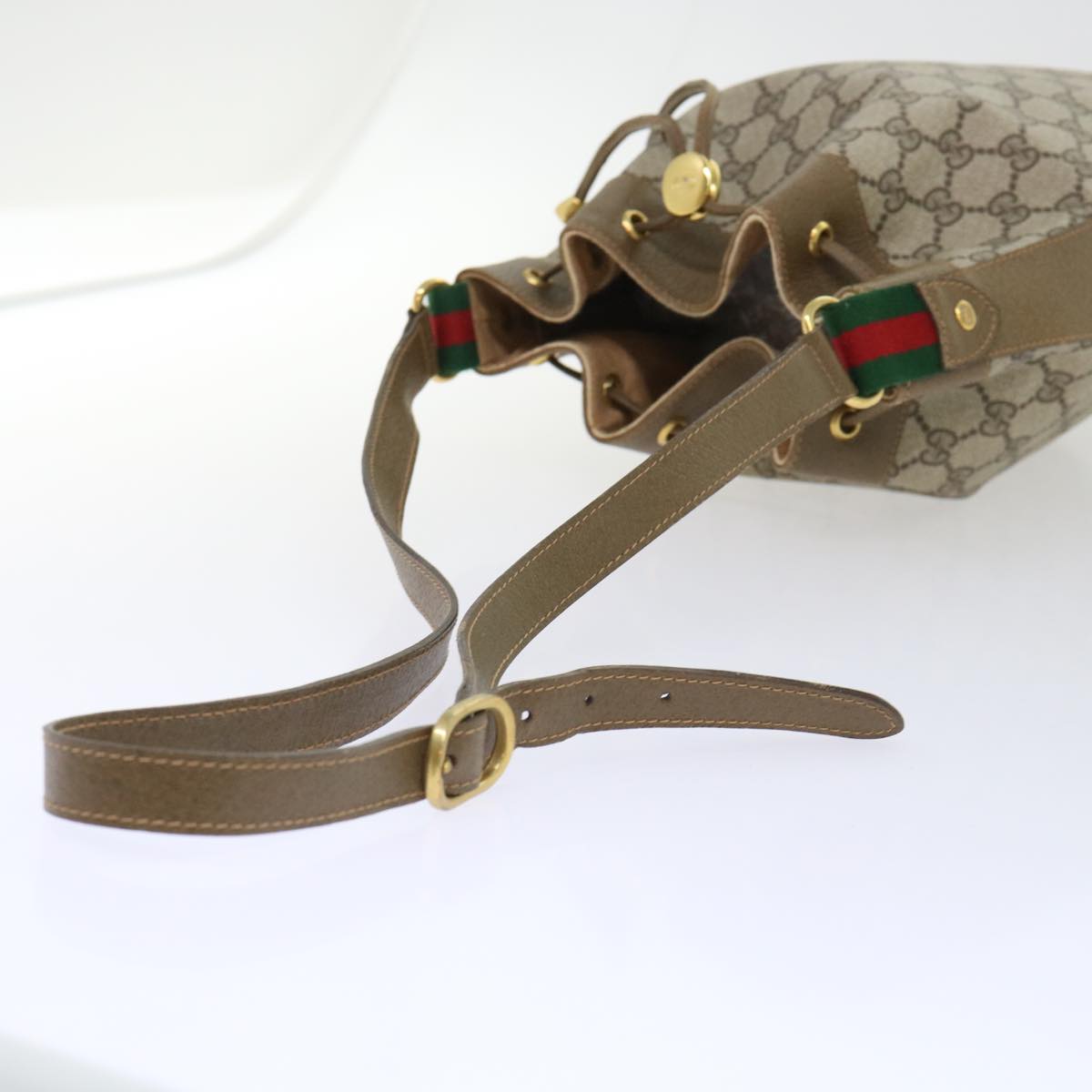 GUCCI GG Canvas Web Sherry Line Shoulder Bag PVC Leather Beige Green 53271