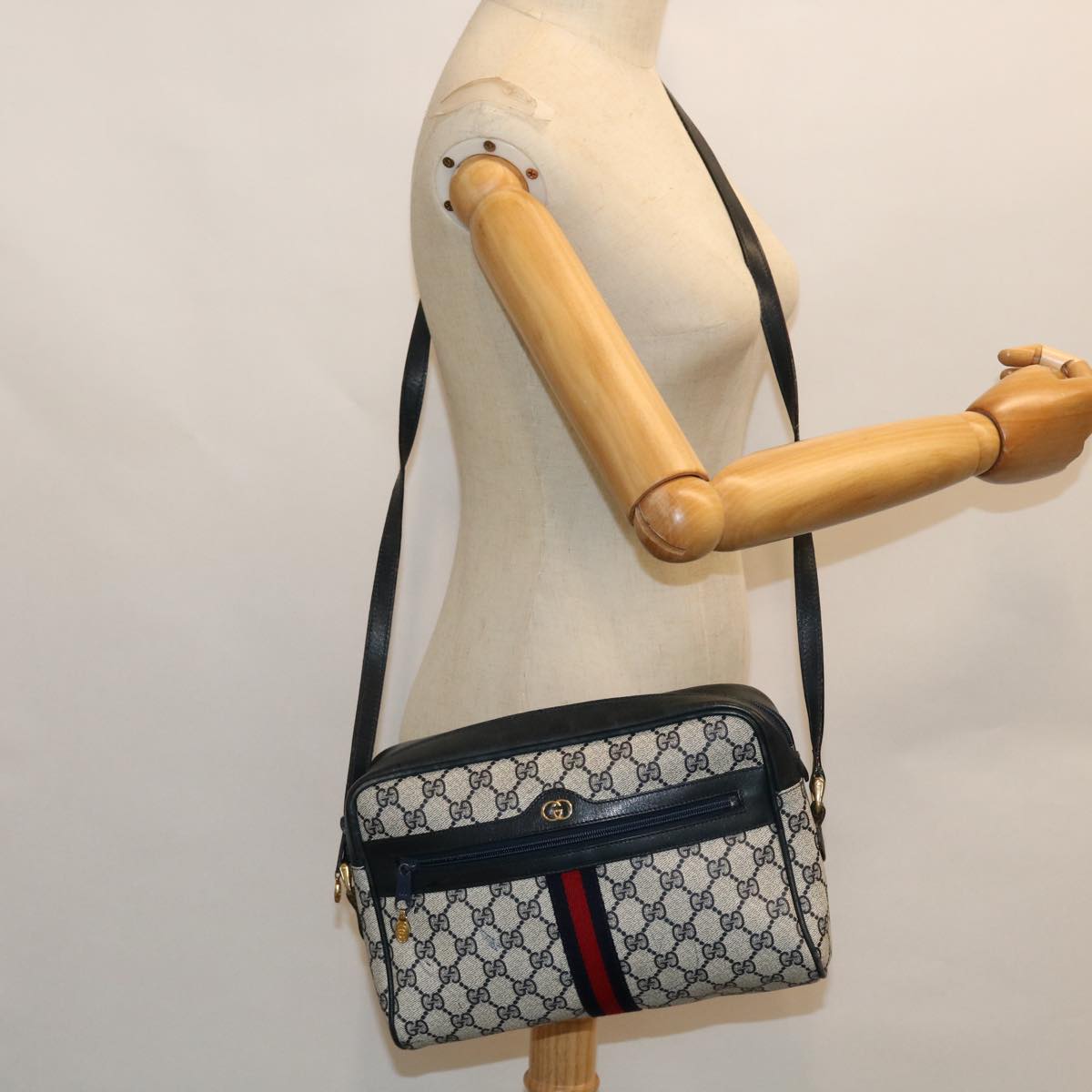 GUCCI GG Canvas Sherry Line Shoulder Bag PVC Leather Gray Red Navy 53343