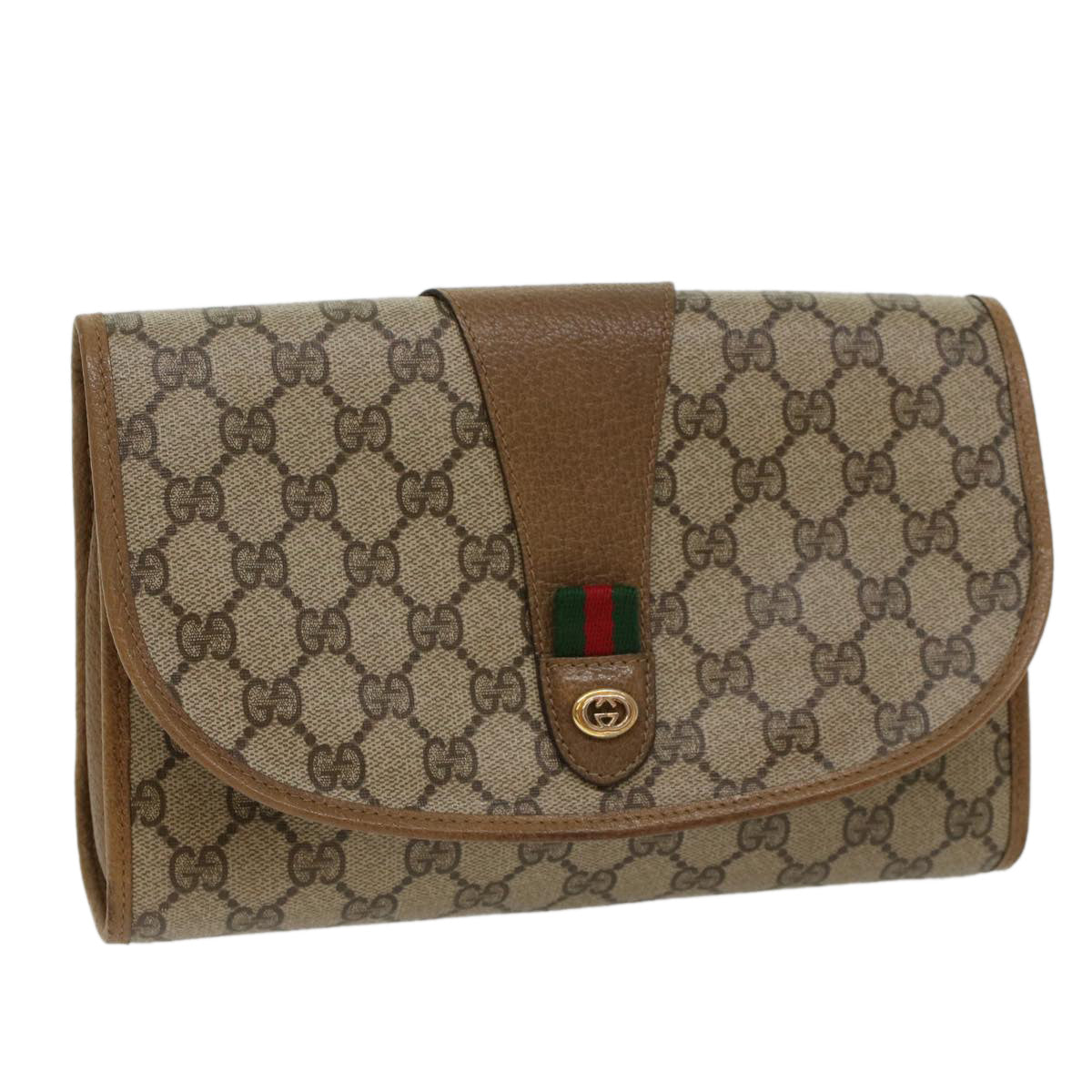 GUCCI GG Canvas Web Sherry Line Clutch Bag PVC Leather Beige Green 53642
