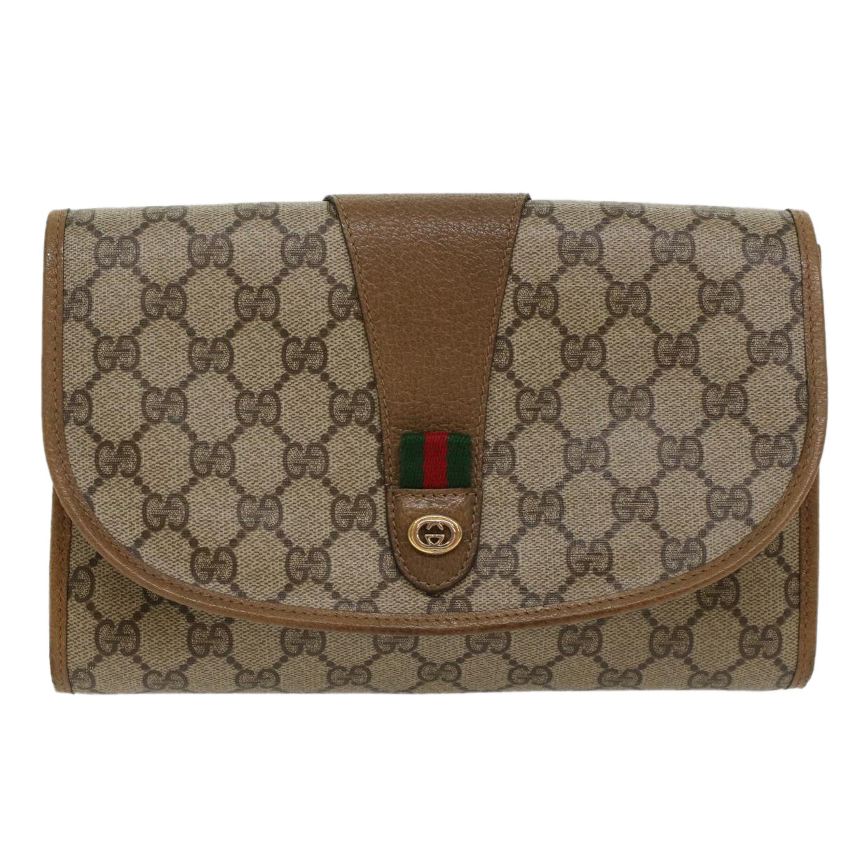 GUCCI GG Canvas Web Sherry Line Clutch Bag PVC Leather Beige Green 53642