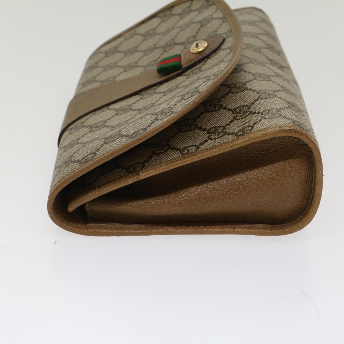 GUCCI GG Canvas Web Sherry Line Clutch Bag PVC Leather Beige Green 53642