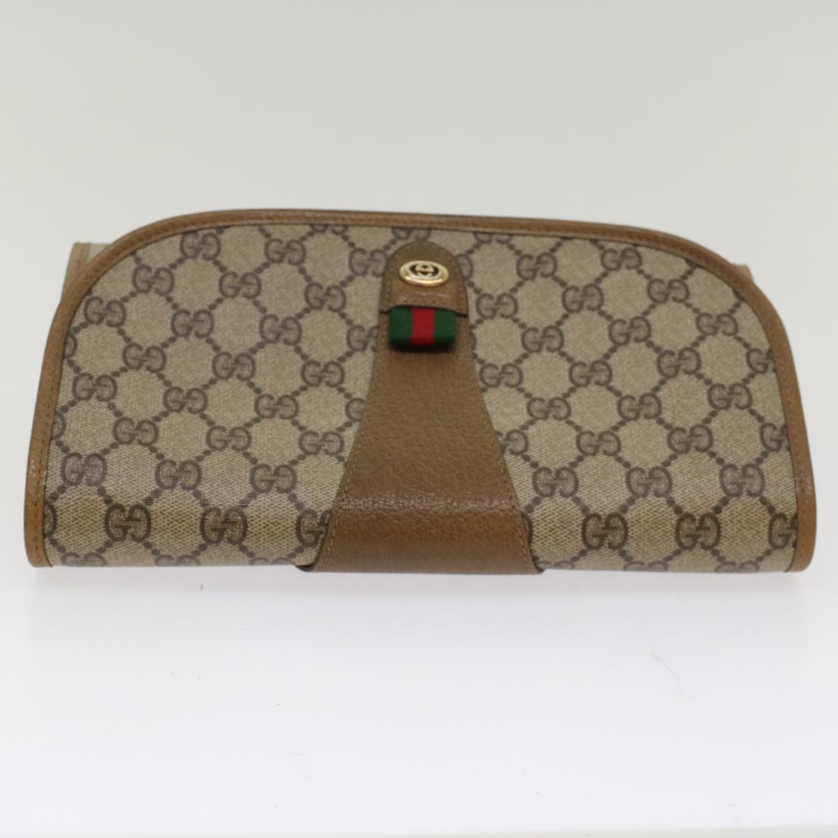 GUCCI GG Canvas Web Sherry Line Clutch Bag PVC Leather Beige Green 53642