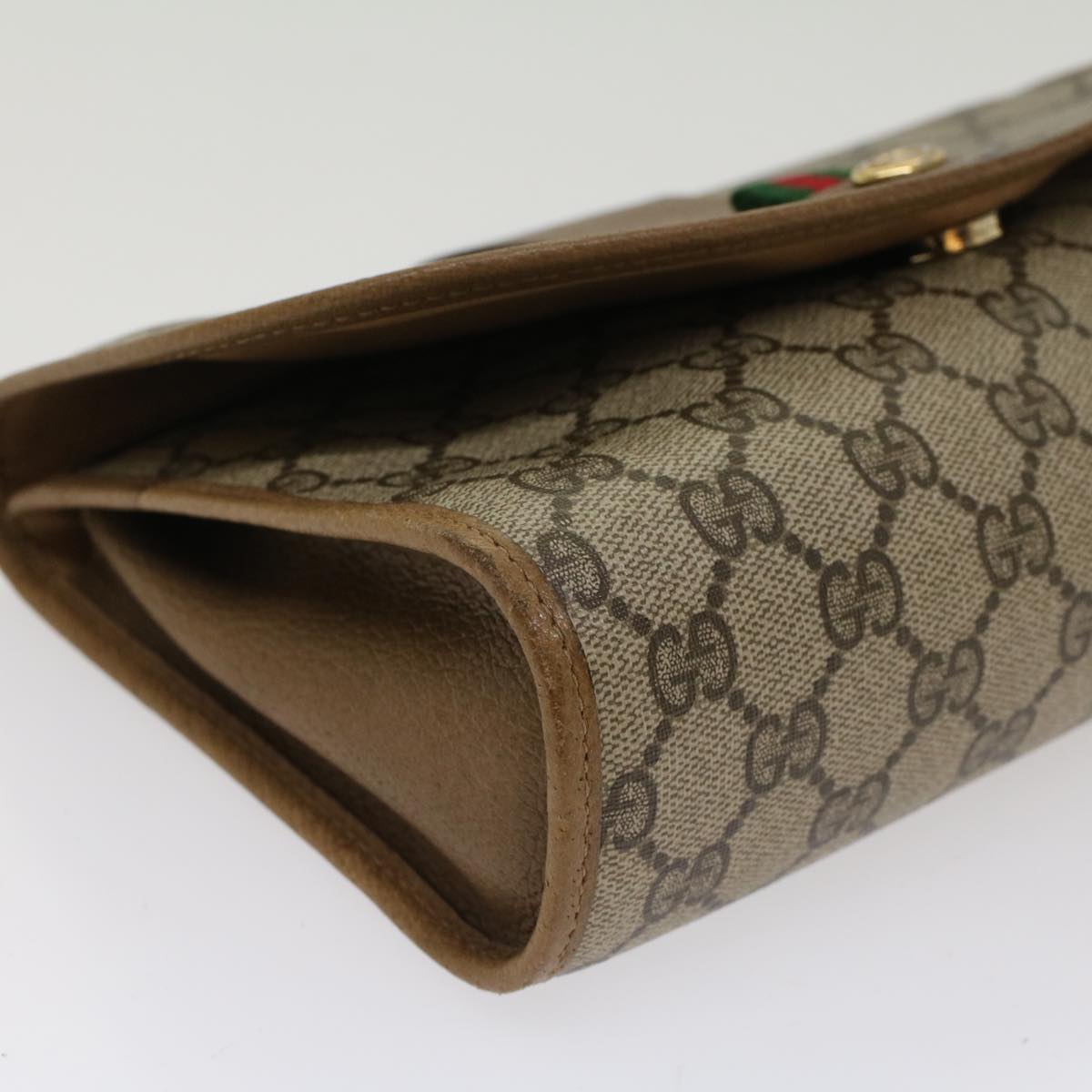 GUCCI GG Canvas Web Sherry Line Clutch Bag PVC Leather Beige Green 53642