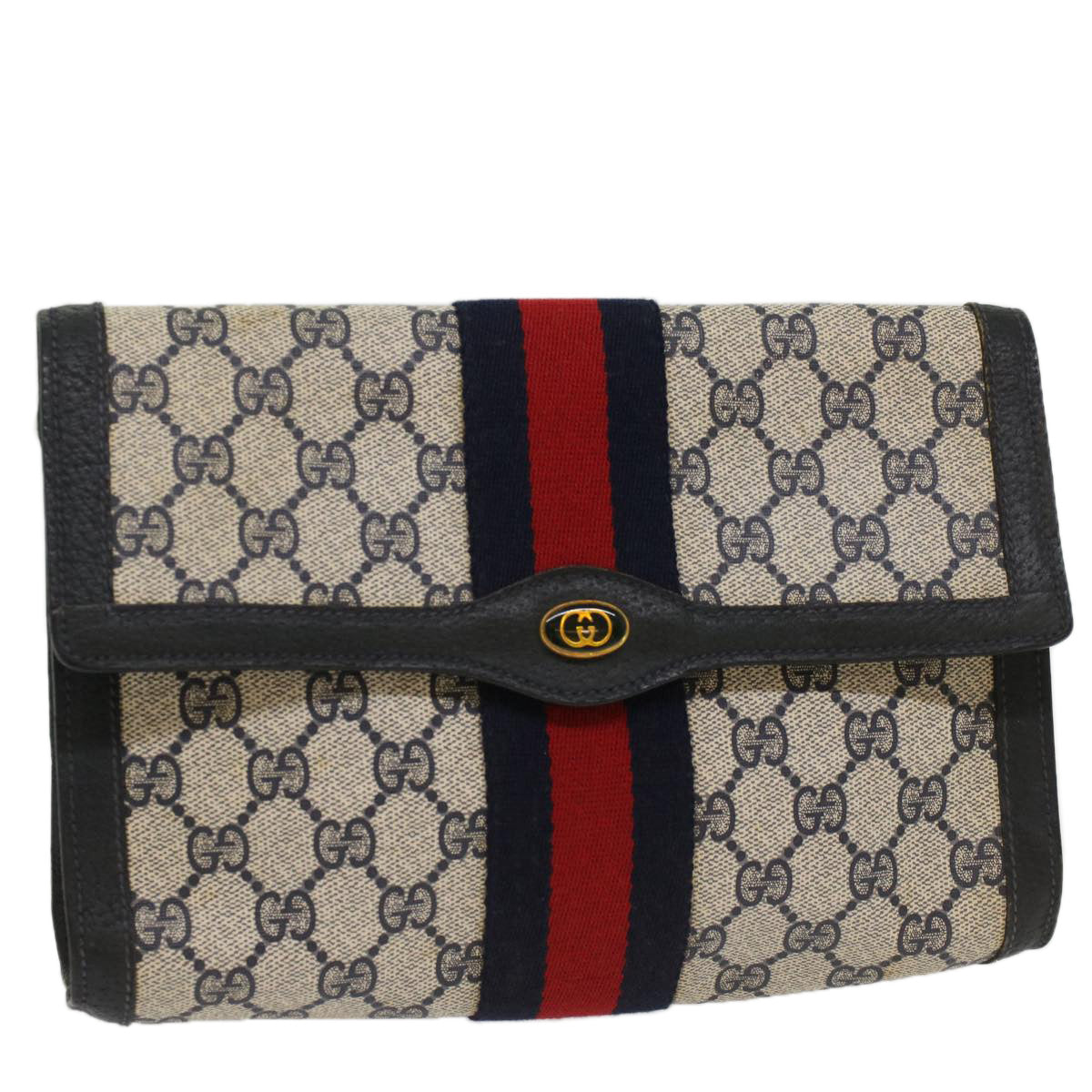 GUCCI GG Canvas Sherry Line Clutch Bag PVC Leather Navy Red 53647