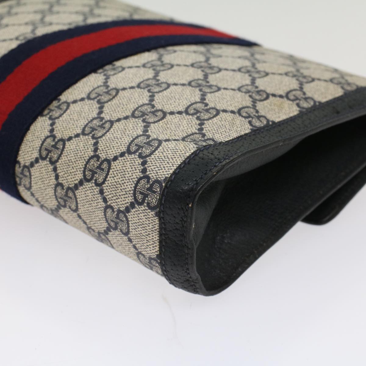 GUCCI GG Canvas Sherry Line Clutch Bag PVC Leather Navy Red 53647