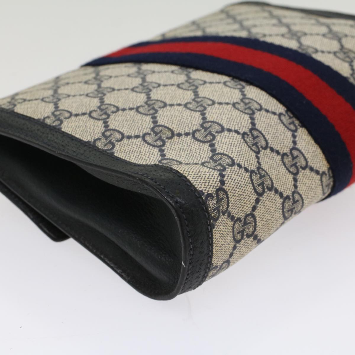 GUCCI GG Canvas Sherry Line Clutch Bag PVC Leather Navy Red 53647