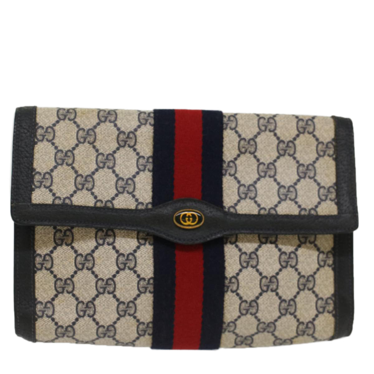 GUCCI GG Canvas Sherry Line Clutch Bag PVC Leather Navy Red 53647
