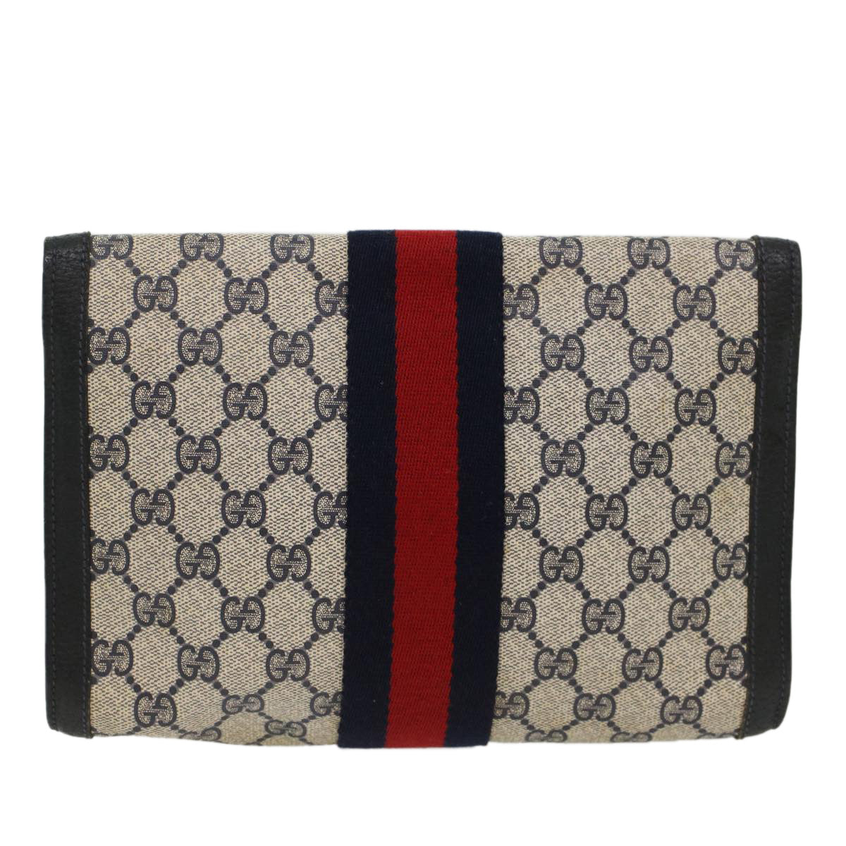 GUCCI GG Canvas Sherry Line Clutch Bag PVC Leather Navy Red 53647