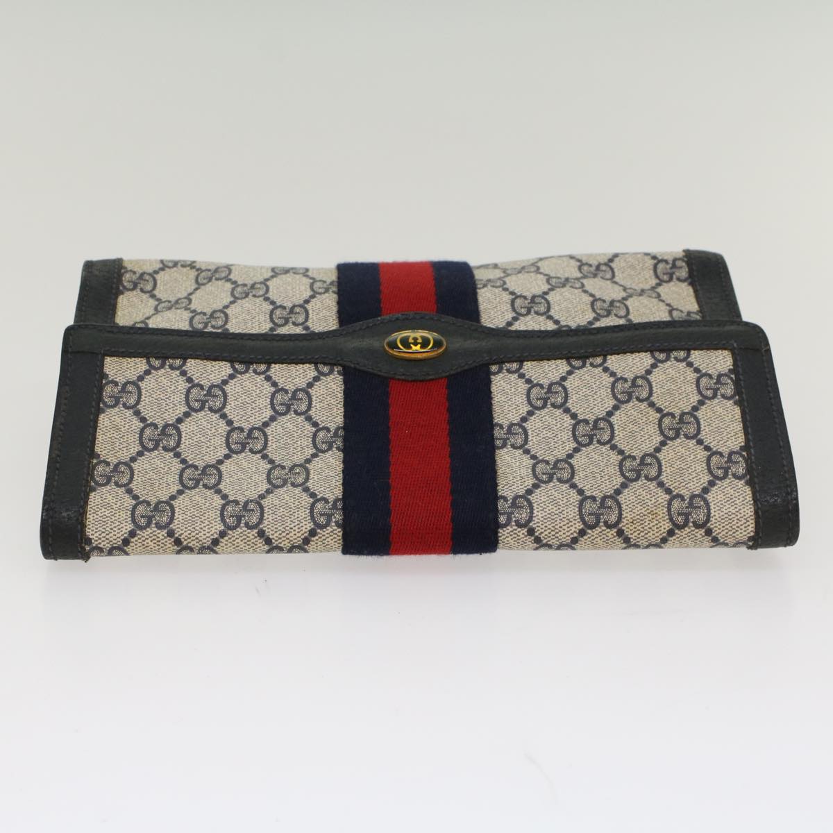 GUCCI GG Canvas Sherry Line Clutch Bag PVC Leather Navy Red 53647
