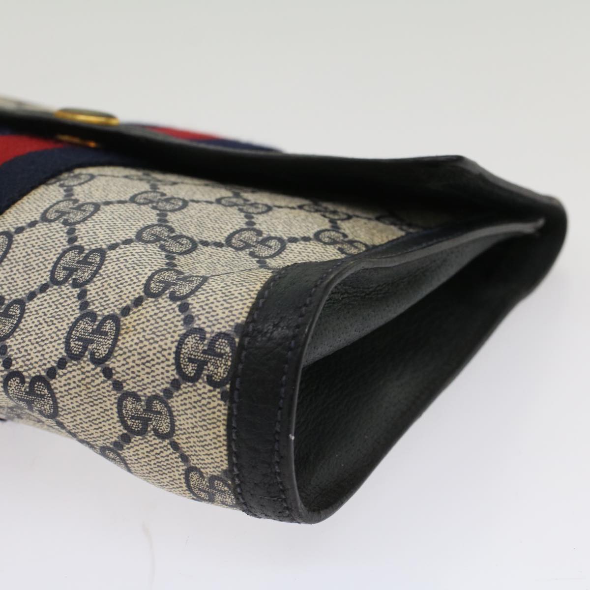 GUCCI GG Canvas Sherry Line Clutch Bag PVC Leather Navy Red 53647