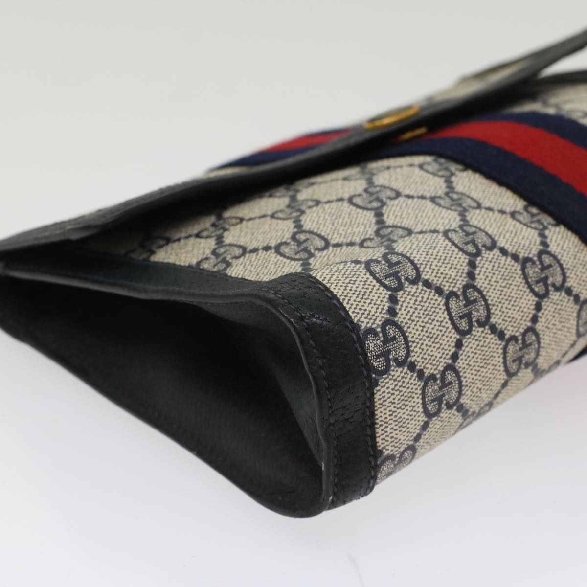 GUCCI GG Canvas Sherry Line Clutch Bag PVC Leather Navy Red 53647