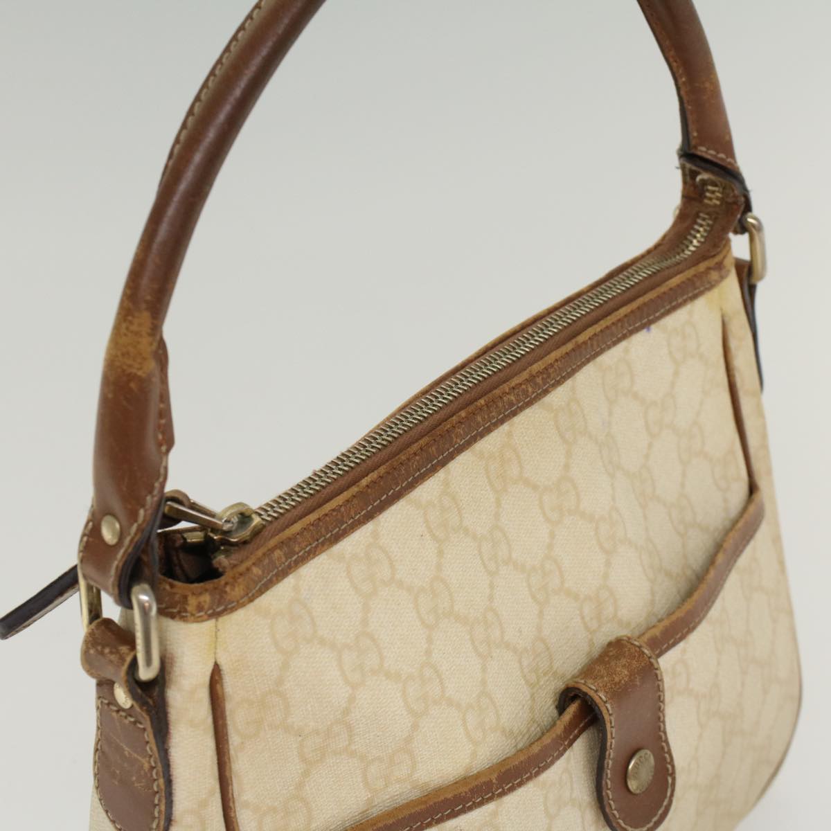 GUCCI GG Canvas Shoulder Bag PVC Leather White Brown 53649
