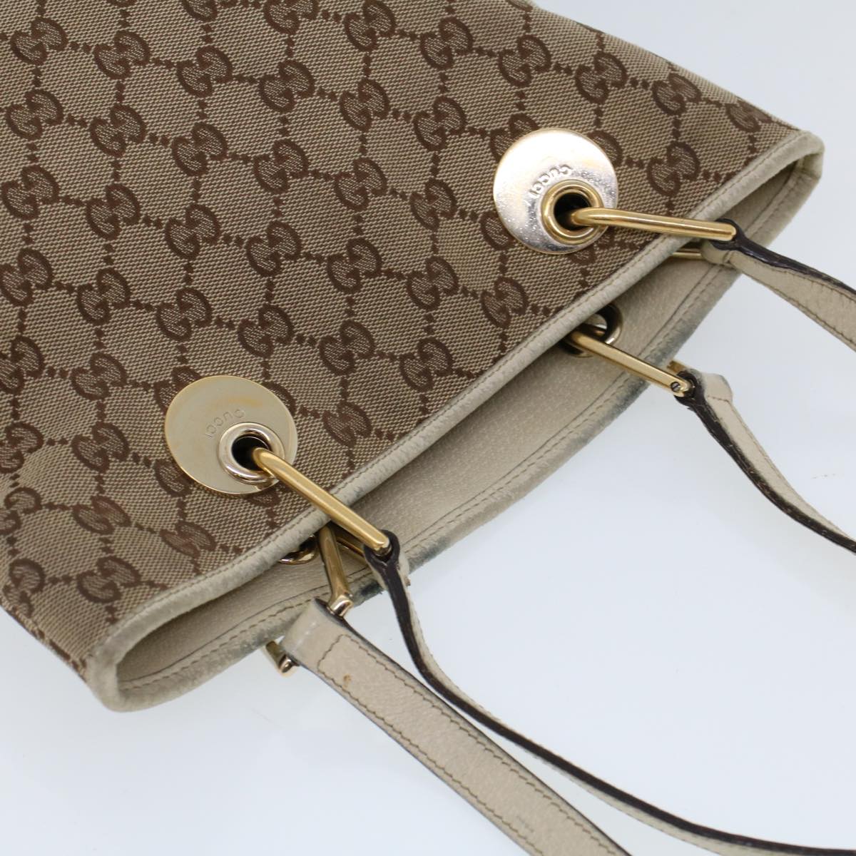 GUCCI GG Canvas Hand Bag Canvas Leather Beige White 53654