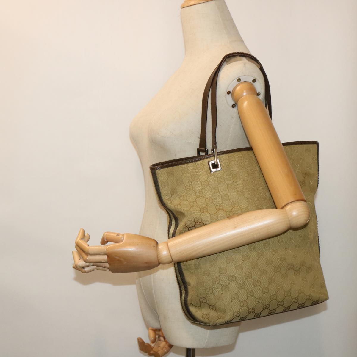 GUCCI GG Canvas Sherry Line Tote Bag Canvas Leather Beige Brown 53660
