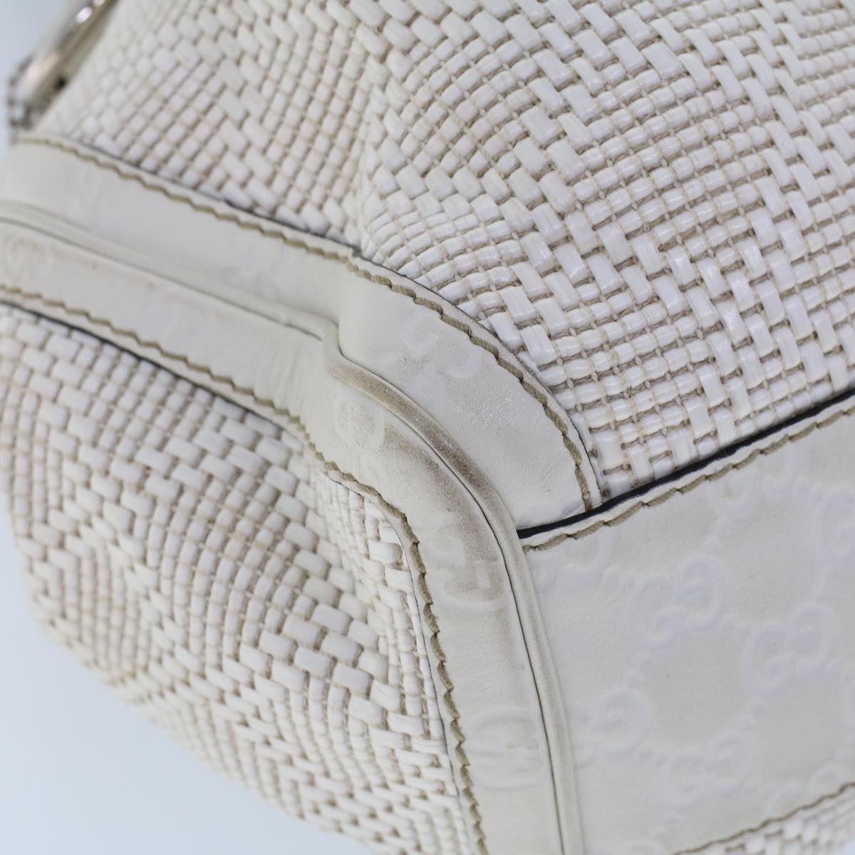 GUCCI Hand Bag Straw Leather White 211944 53671
