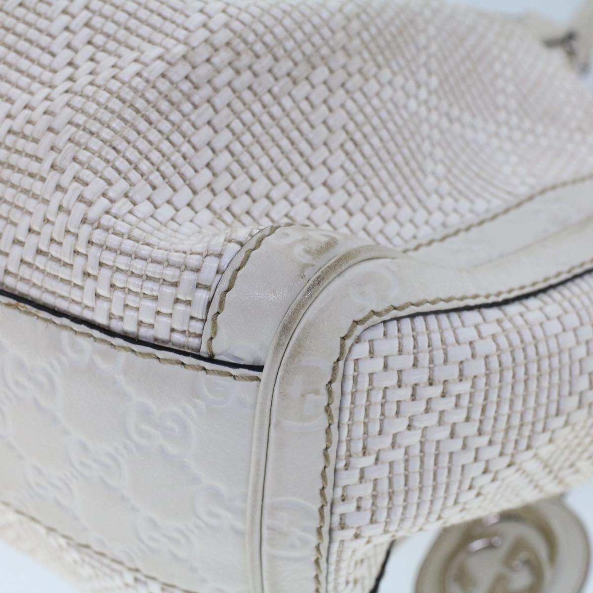GUCCI Hand Bag Straw Leather White 211944 53671