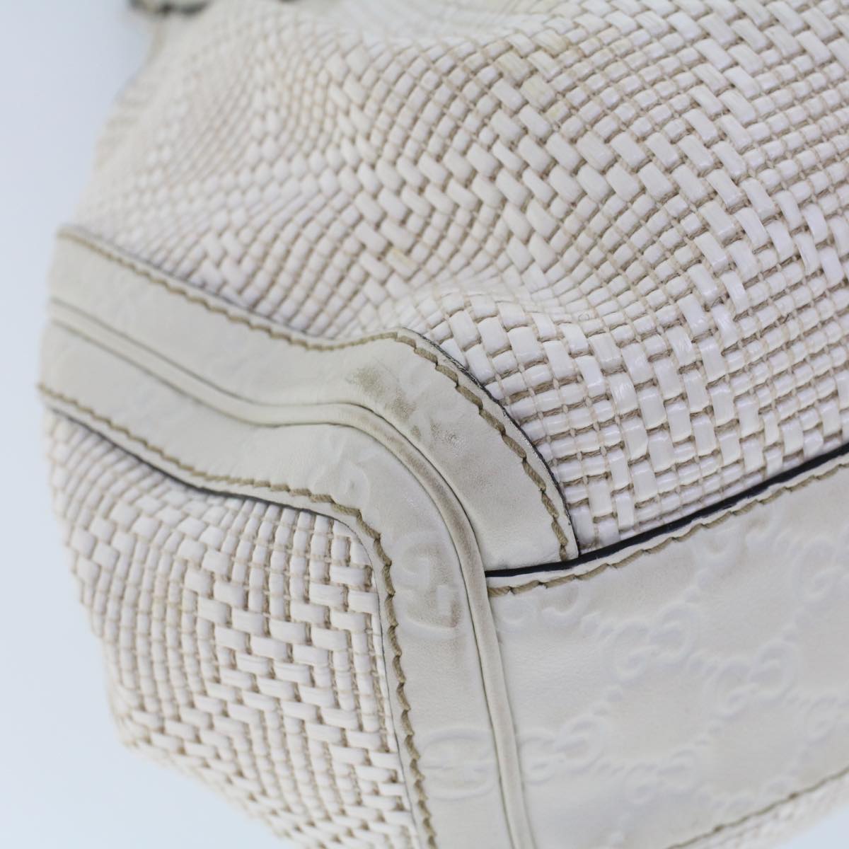 GUCCI Hand Bag Straw Leather White 211944 53671