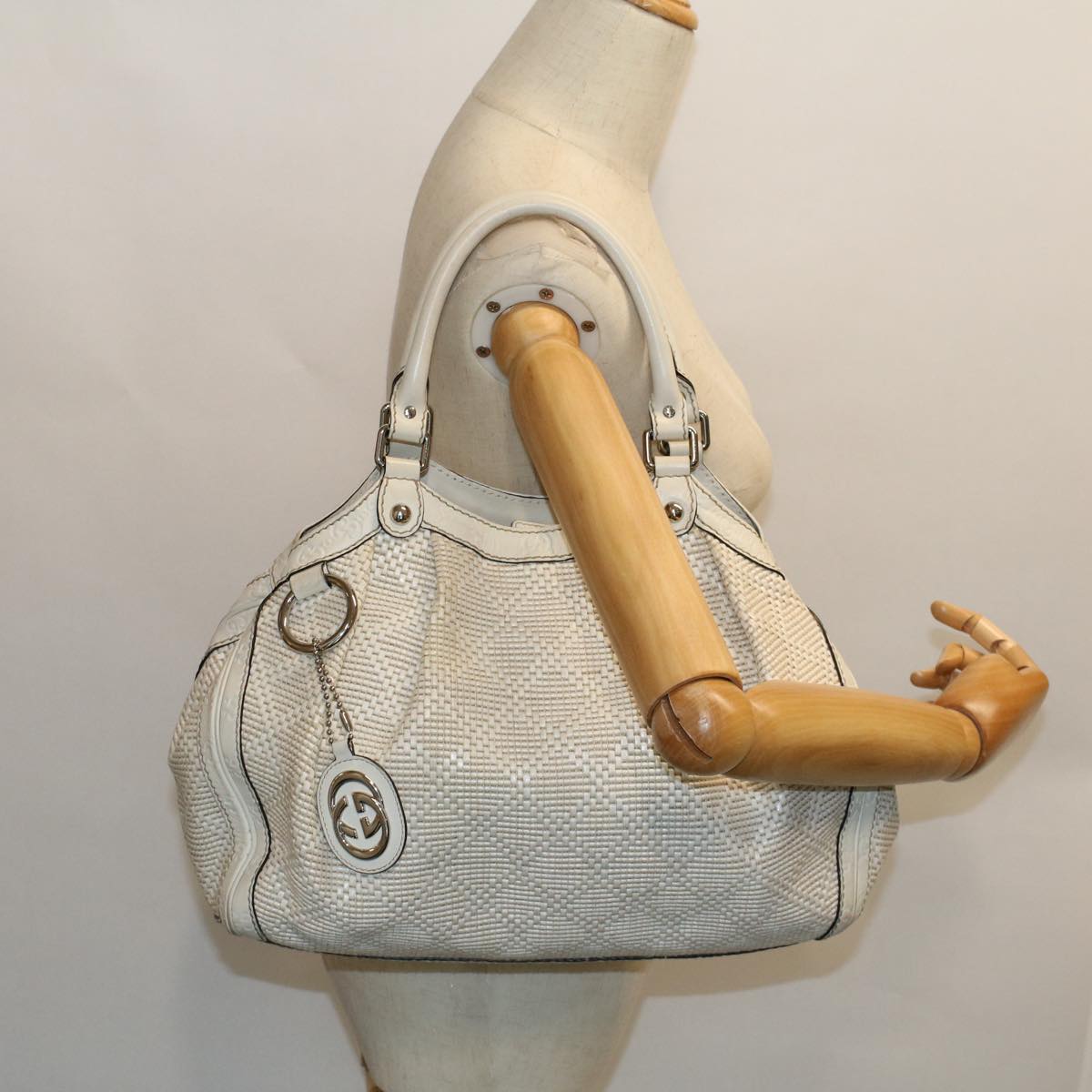 GUCCI Hand Bag Straw Leather White 211944 53671