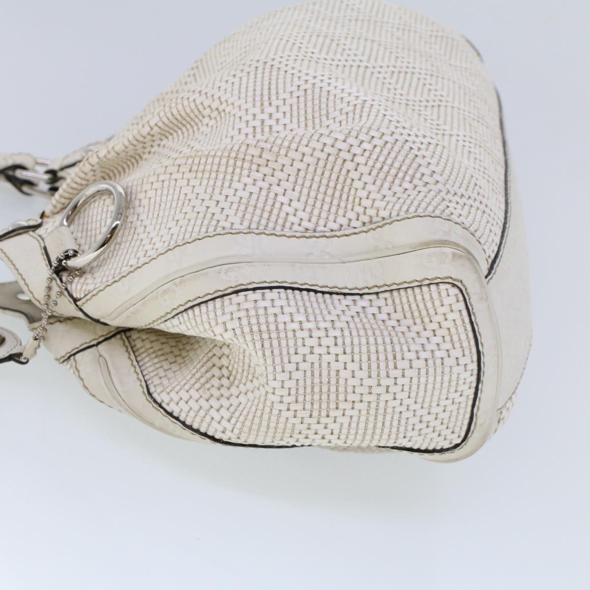 GUCCI Hand Bag Straw Leather White 211944 53671