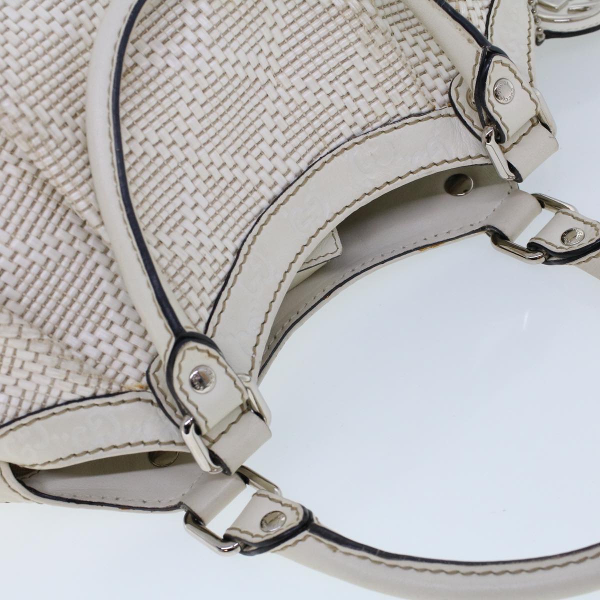 GUCCI Hand Bag Straw Leather White 211944 53671