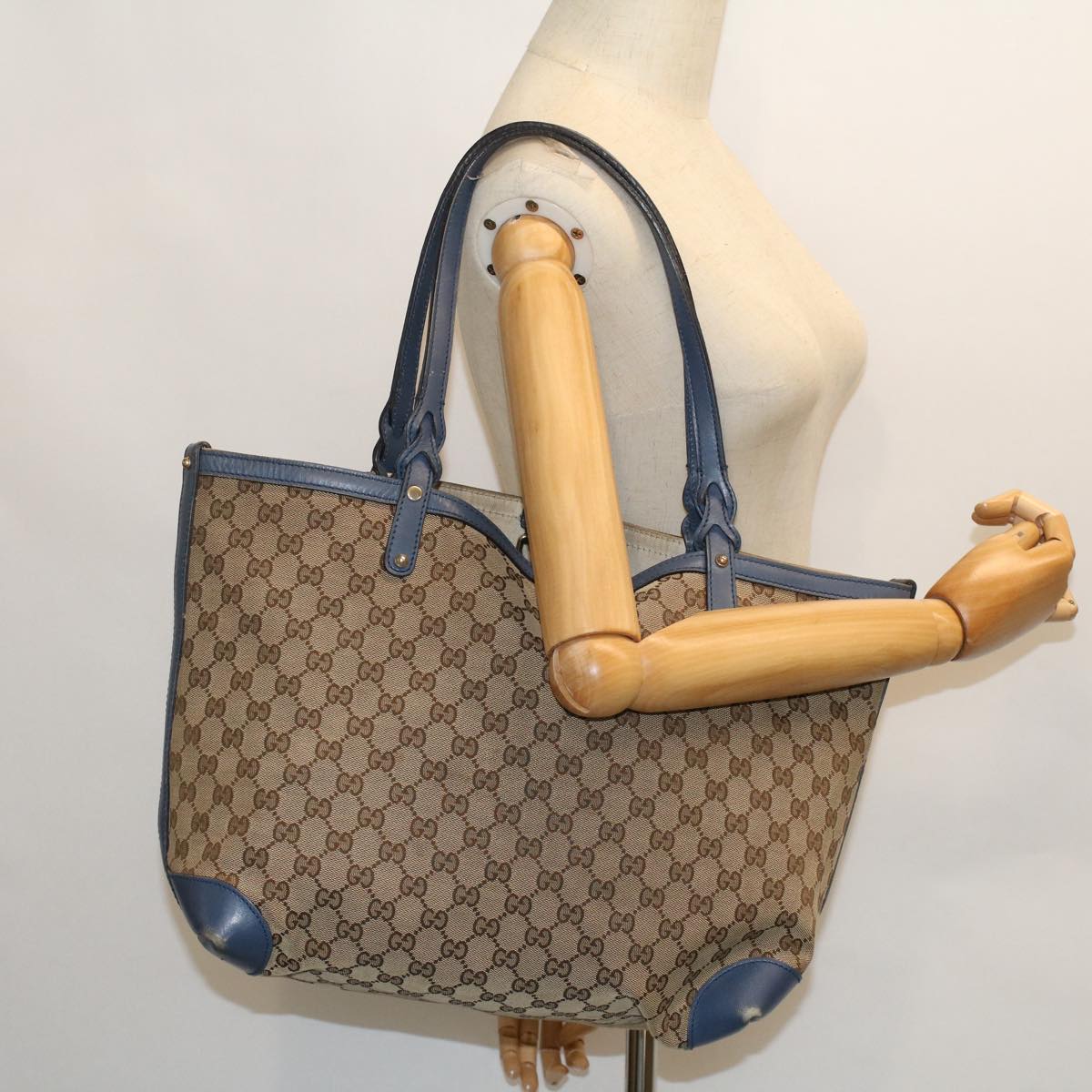 GUCCI GG Canvas Tote Bag Canvas Leather Beige Blue 53678
