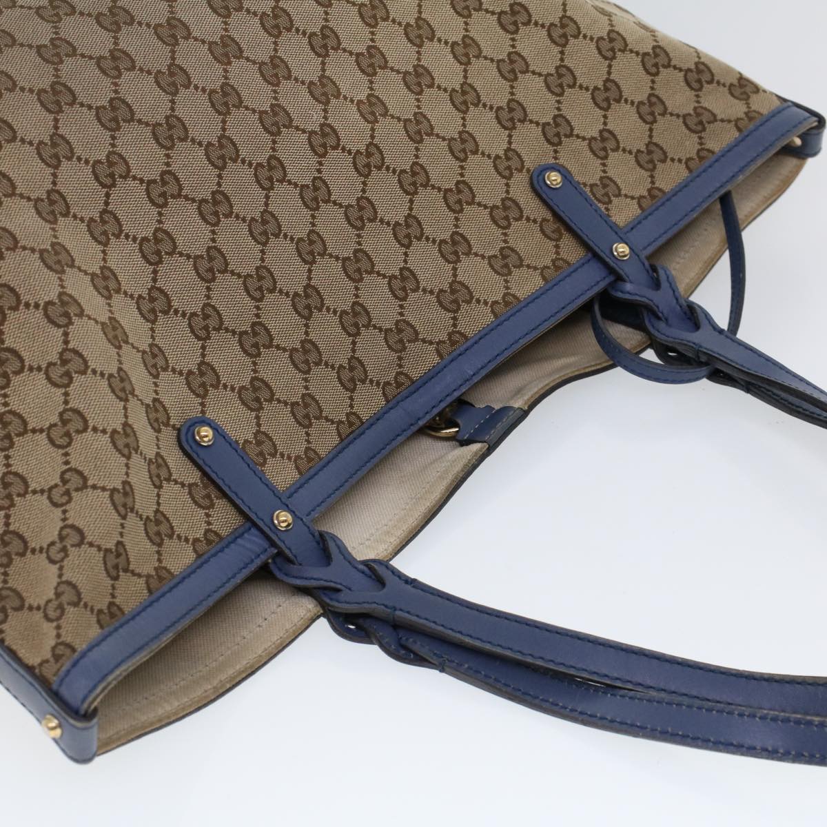 GUCCI GG Canvas Tote Bag Canvas Leather Beige Blue 53678