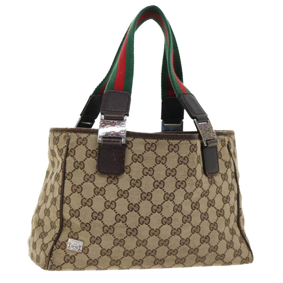 GUCCI GG Canvas Web Sherry Line Hand Bag Canvas Leather Beige Green 53681