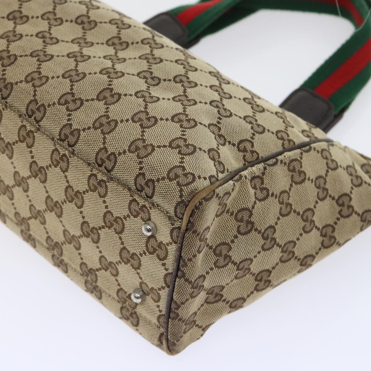 GUCCI GG Canvas Web Sherry Line Hand Bag Canvas Leather Beige Green 53681
