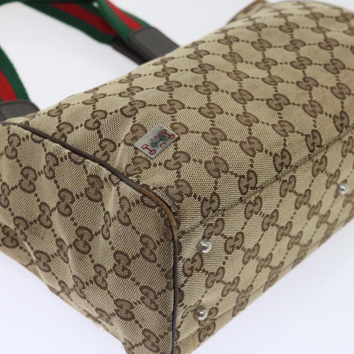 GUCCI GG Canvas Web Sherry Line Hand Bag Canvas Leather Beige Green 53681