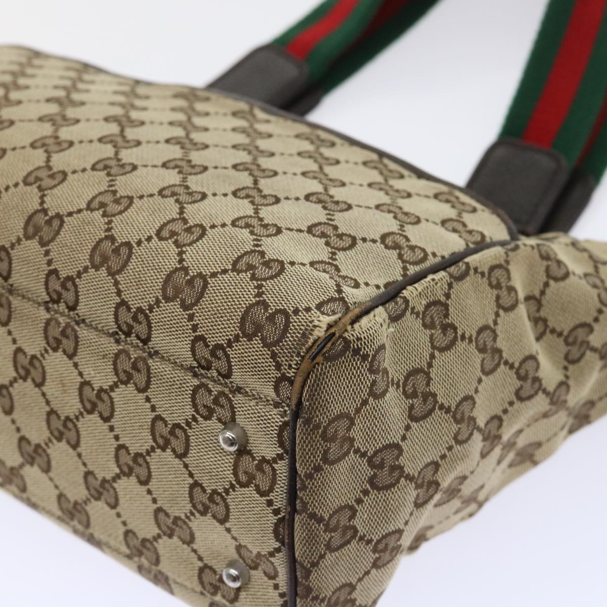 GUCCI GG Canvas Web Sherry Line Hand Bag Canvas Leather Beige Green 53681