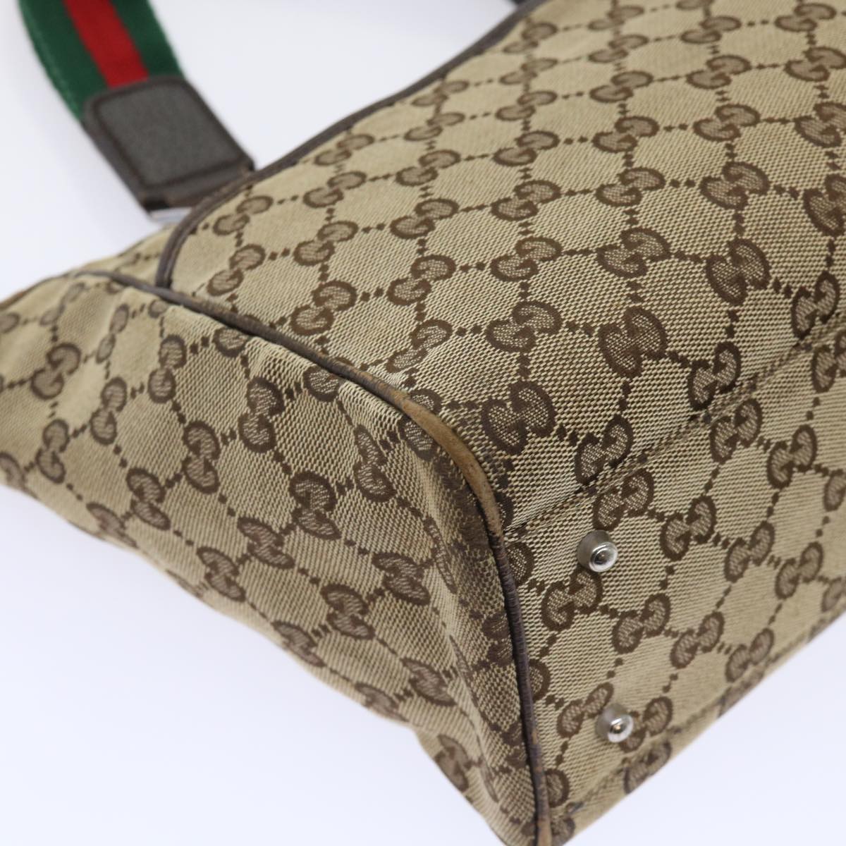 GUCCI GG Canvas Web Sherry Line Hand Bag Canvas Leather Beige Green 53681