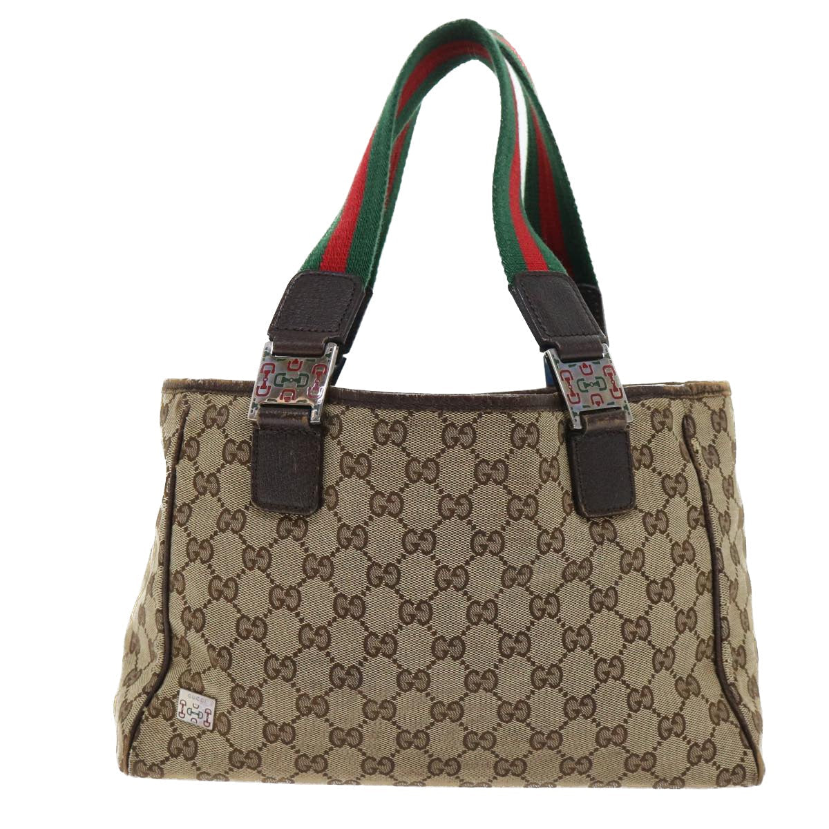 GUCCI GG Canvas Web Sherry Line Hand Bag Canvas Leather Beige Green 53681