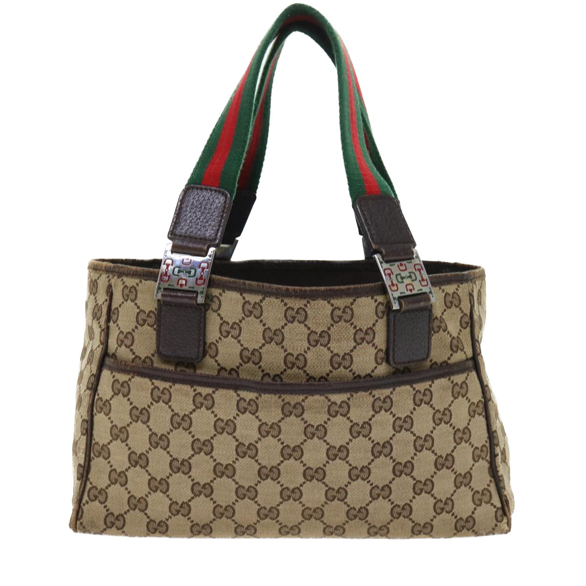 GUCCI GG Canvas Web Sherry Line Hand Bag Canvas Leather Beige Green 53681