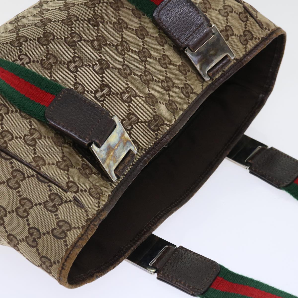 GUCCI GG Canvas Web Sherry Line Hand Bag Canvas Leather Beige Green 53681