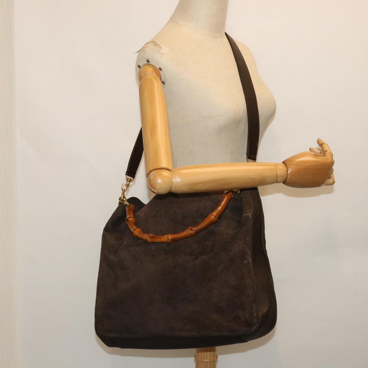 GUCCI Bamboo Hand Bag Suede 2way Brown 53690