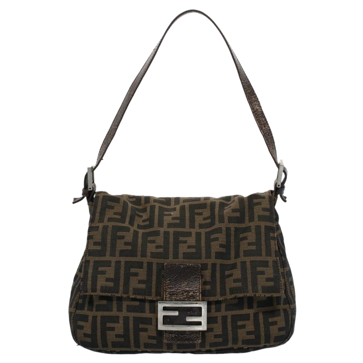 FENDI Zucca Canvas Mamma Baguette Shoulder Bag Black Brown 53745