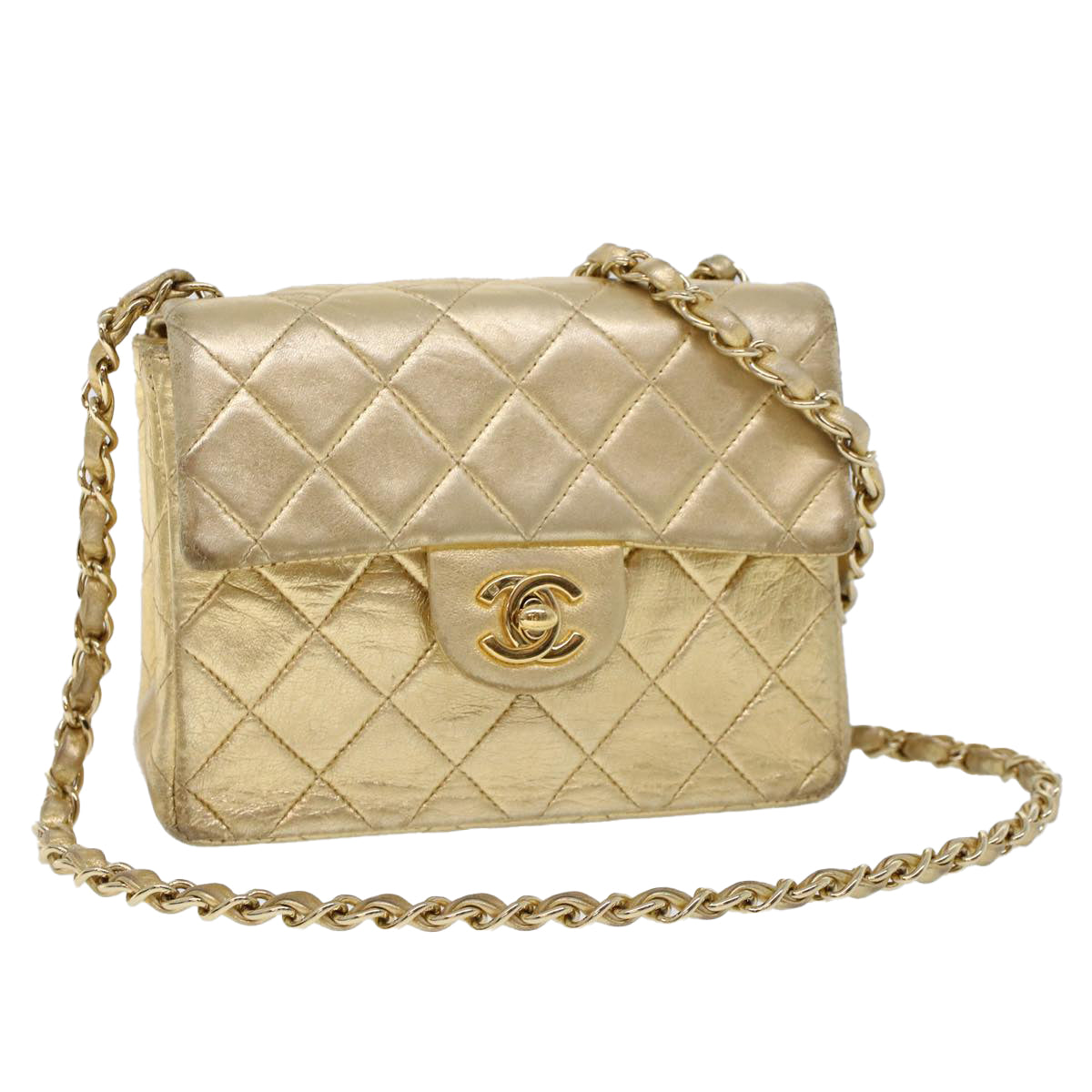 CHANEL Matelasse Turn Lock Chain Shoulder Bag Lamb Skin Gold CC 53752A