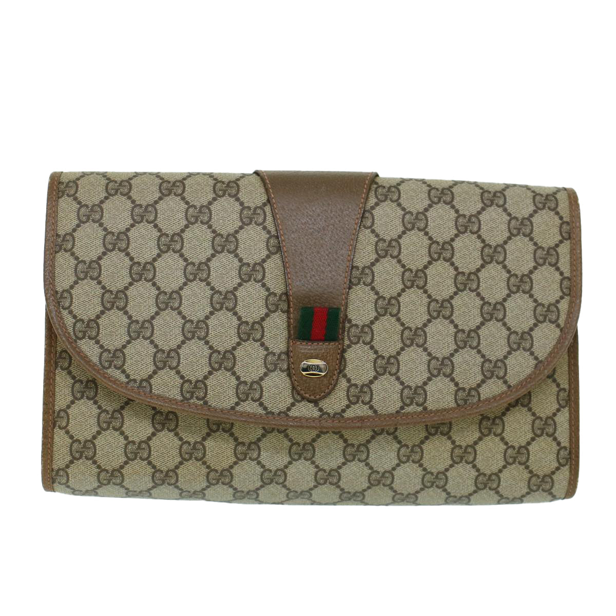 GUCCI GG Canvas Web Sherry Line Clutch Bag PVC Leather Beige Green 54001
