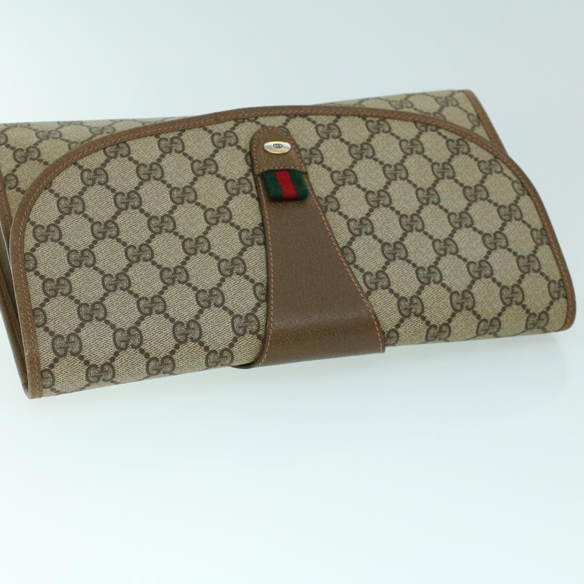 GUCCI GG Canvas Web Sherry Line Clutch Bag PVC Leather Beige Green 54001