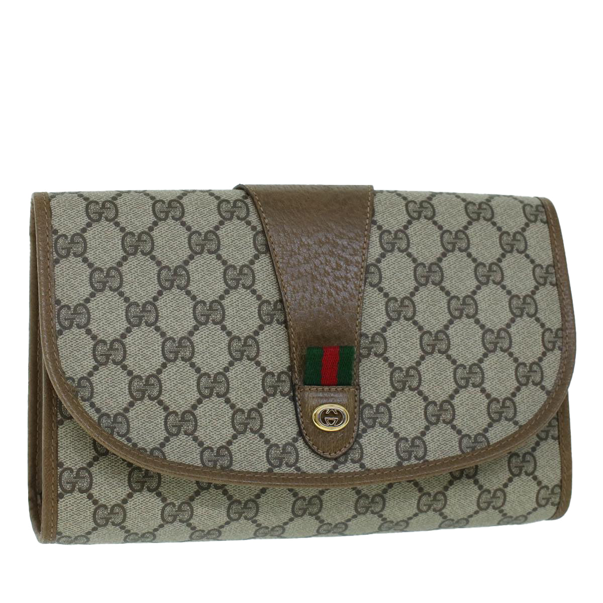 GUCCI GG Canvas Web Sherry Line Clutch Bag PVC Leather Beige Green 54002