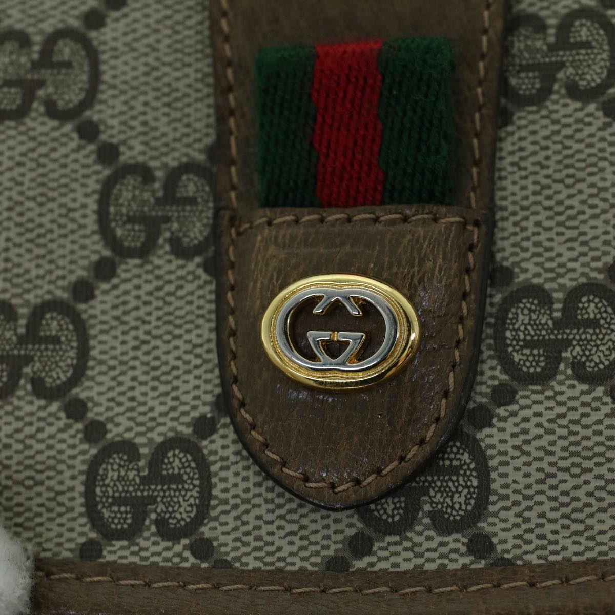 GUCCI GG Canvas Web Sherry Line Clutch Bag PVC Leather Beige Green 54002