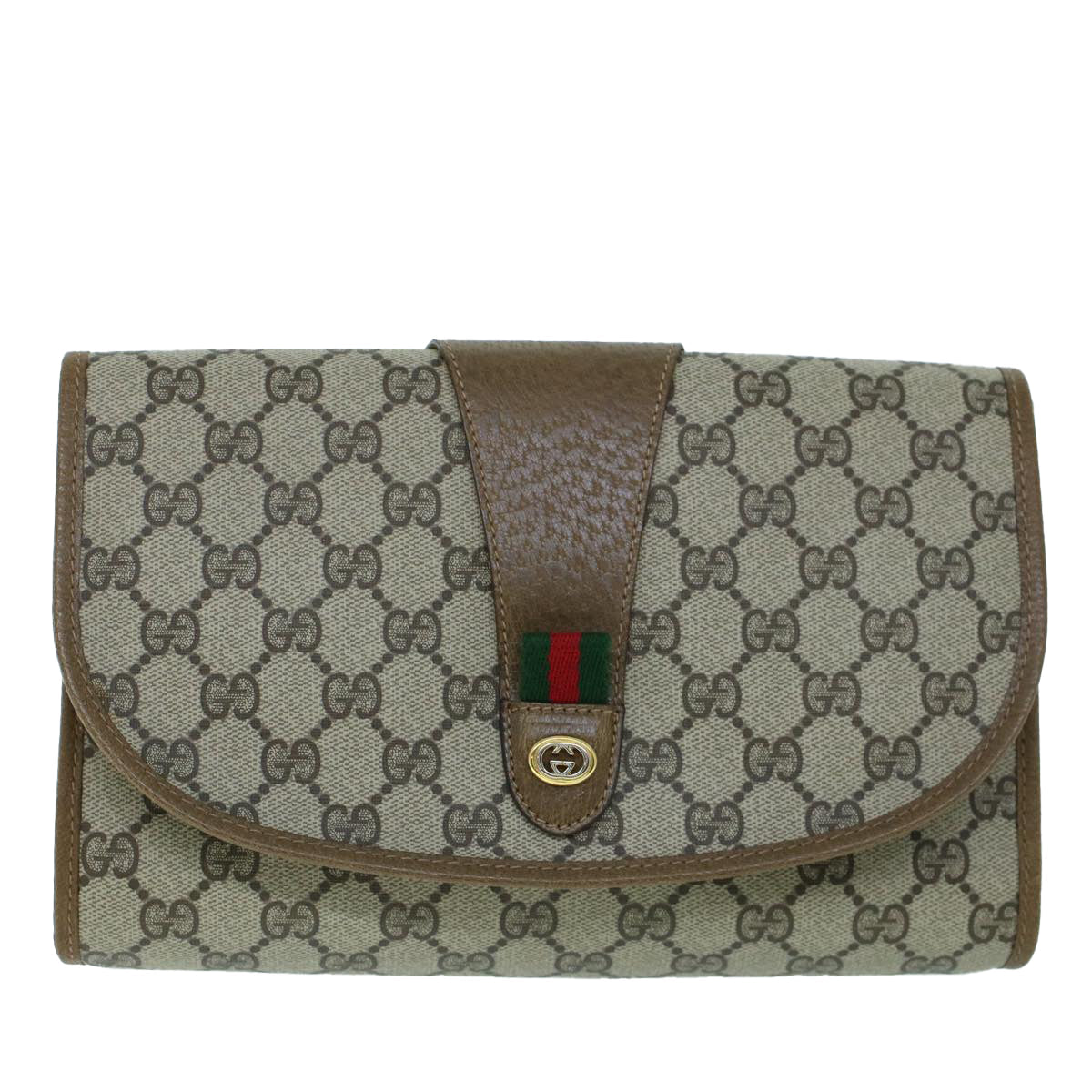 GUCCI GG Canvas Web Sherry Line Clutch Bag PVC Leather Beige Green 54002