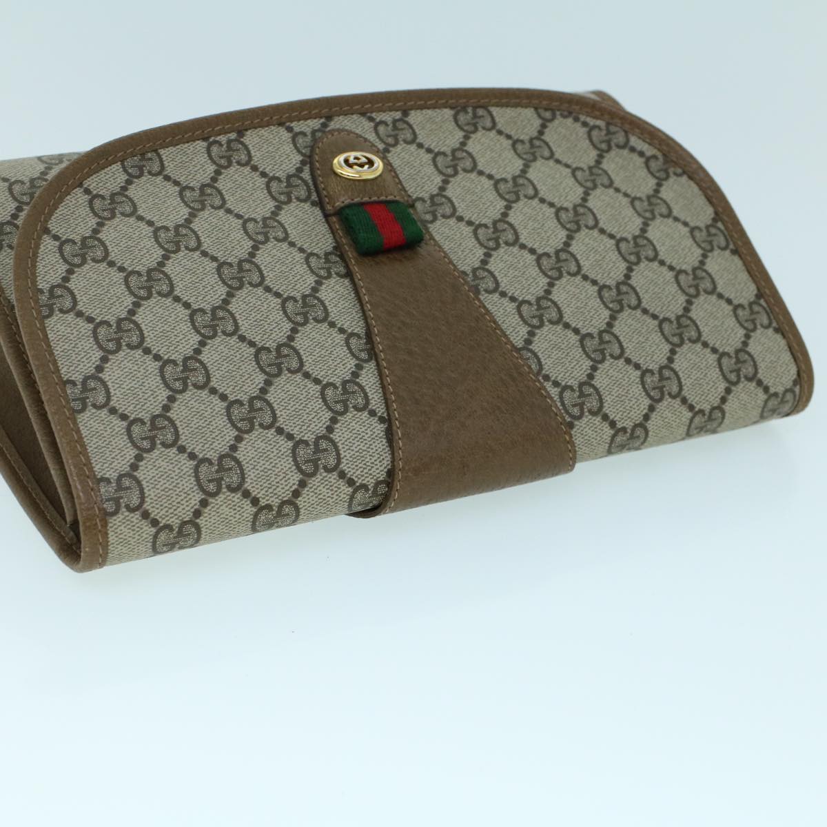 GUCCI GG Canvas Web Sherry Line Clutch Bag PVC Leather Beige Green 54002