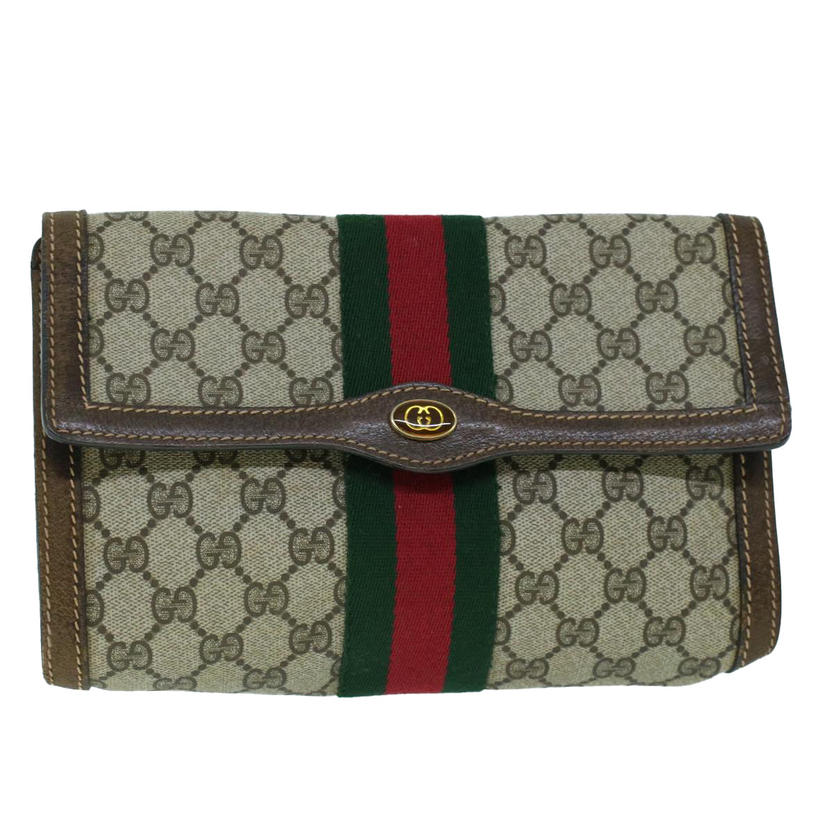 GUCCI GG Canvas Web Sherry Line Clutch Bag PVC Leather Beige Green 54003