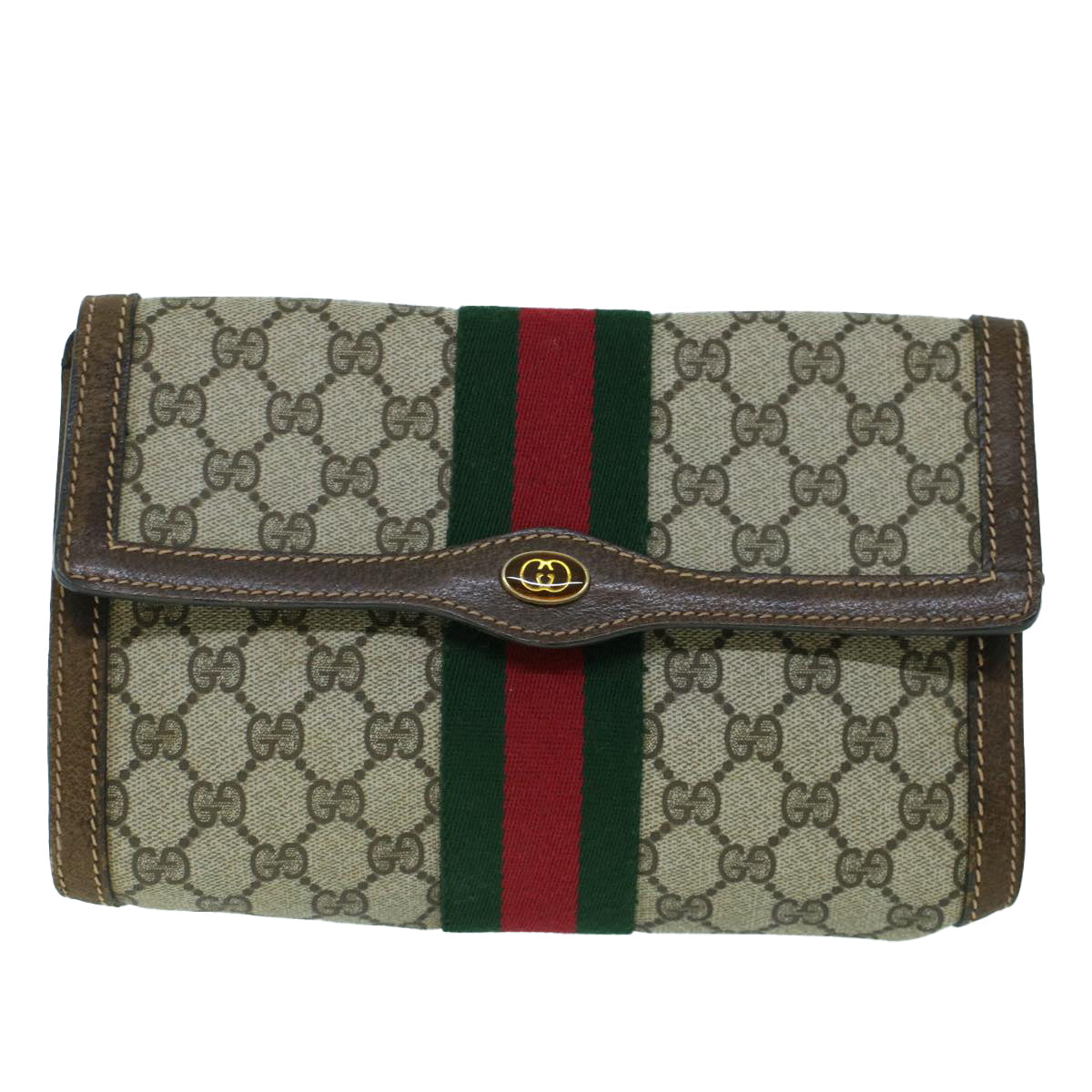 GUCCI GG Canvas Web Sherry Line Clutch Bag PVC Leather Beige Green 54003