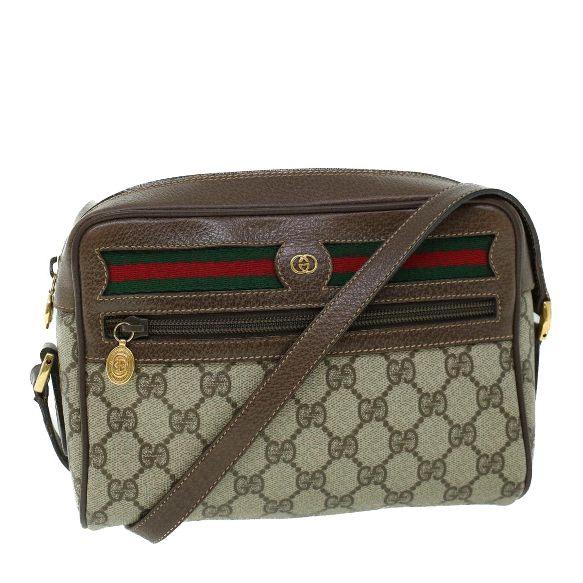 GUCCI GG Canvas Web Sherry Line Shoulder Bag PVC Leather Beige Green 54004