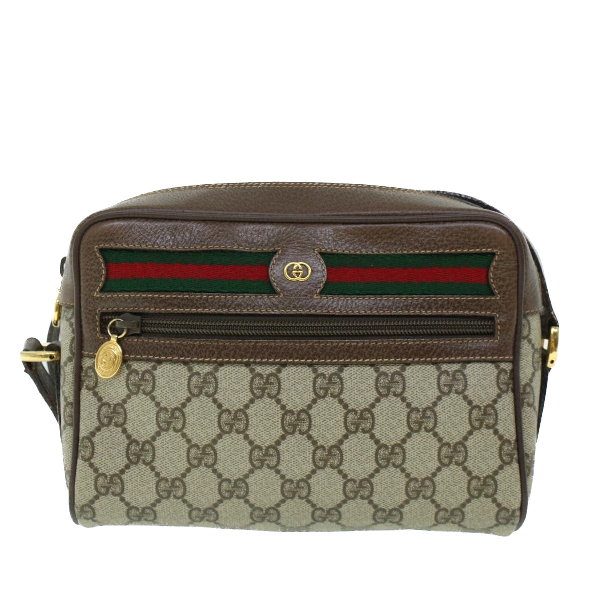 GUCCI GG Canvas Web Sherry Line Shoulder Bag PVC Leather Beige Green 54004