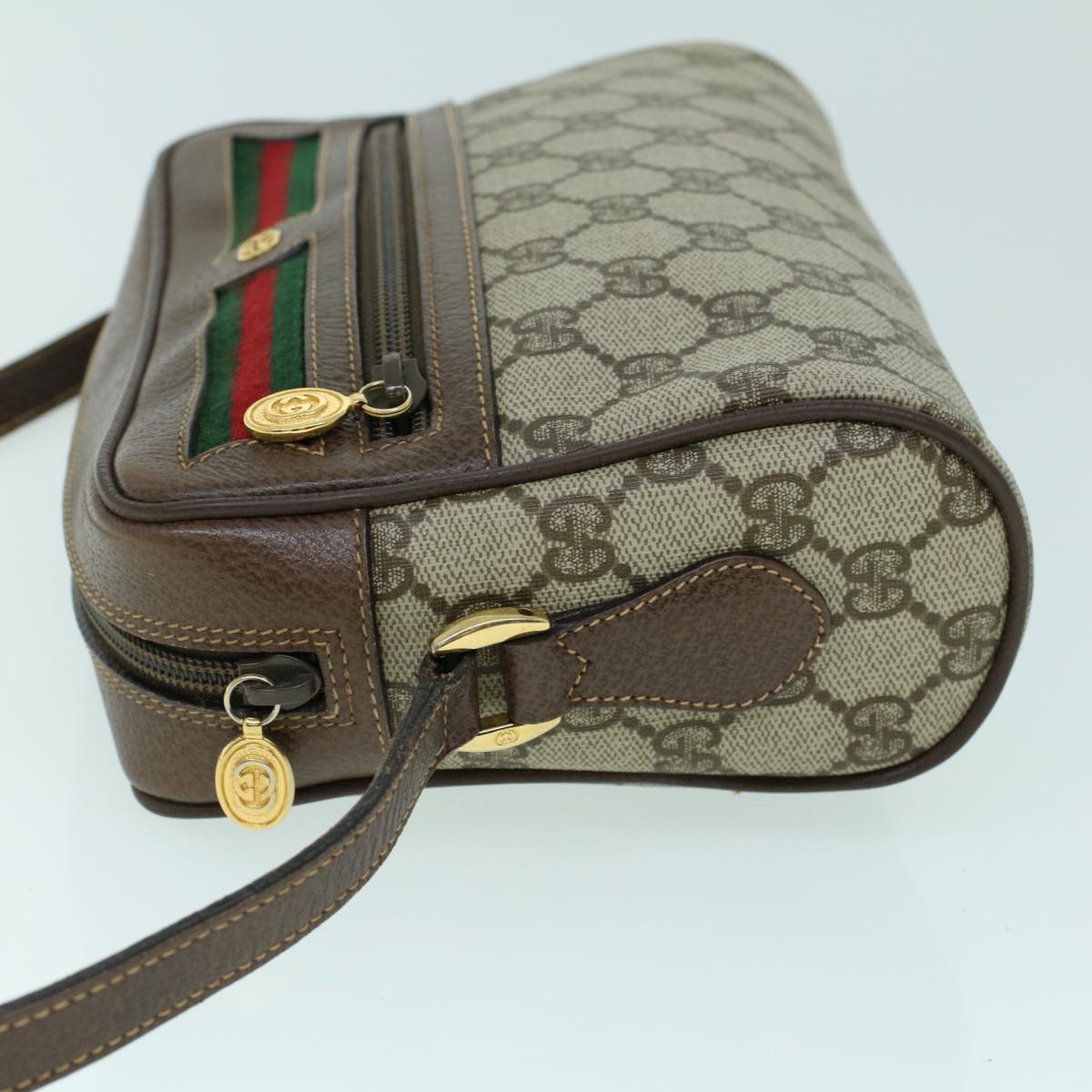 GUCCI GG Canvas Web Sherry Line Shoulder Bag PVC Leather Beige Green 54004