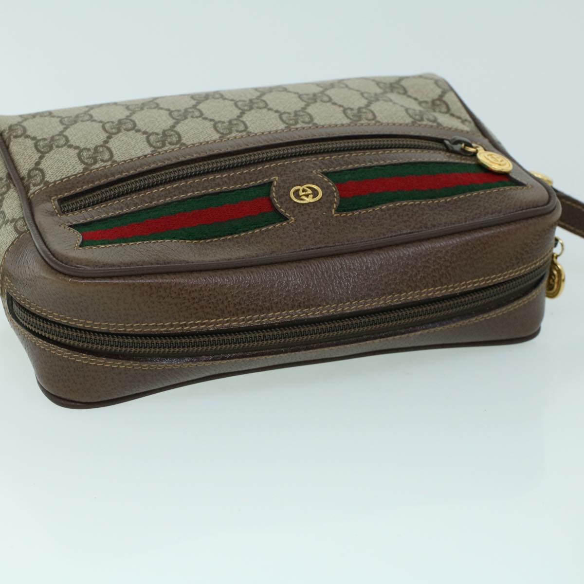 GUCCI GG Canvas Web Sherry Line Shoulder Bag PVC Leather Beige Green 54004